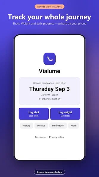 Vialume's shot and weight logging home screen, from its public store listing